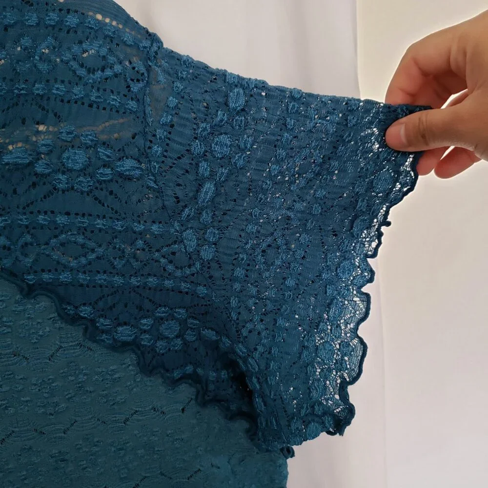 Woman Blue Teal See Through Unique Design Pattern Short Sleeve Blouse Top - Picture 5 of 10